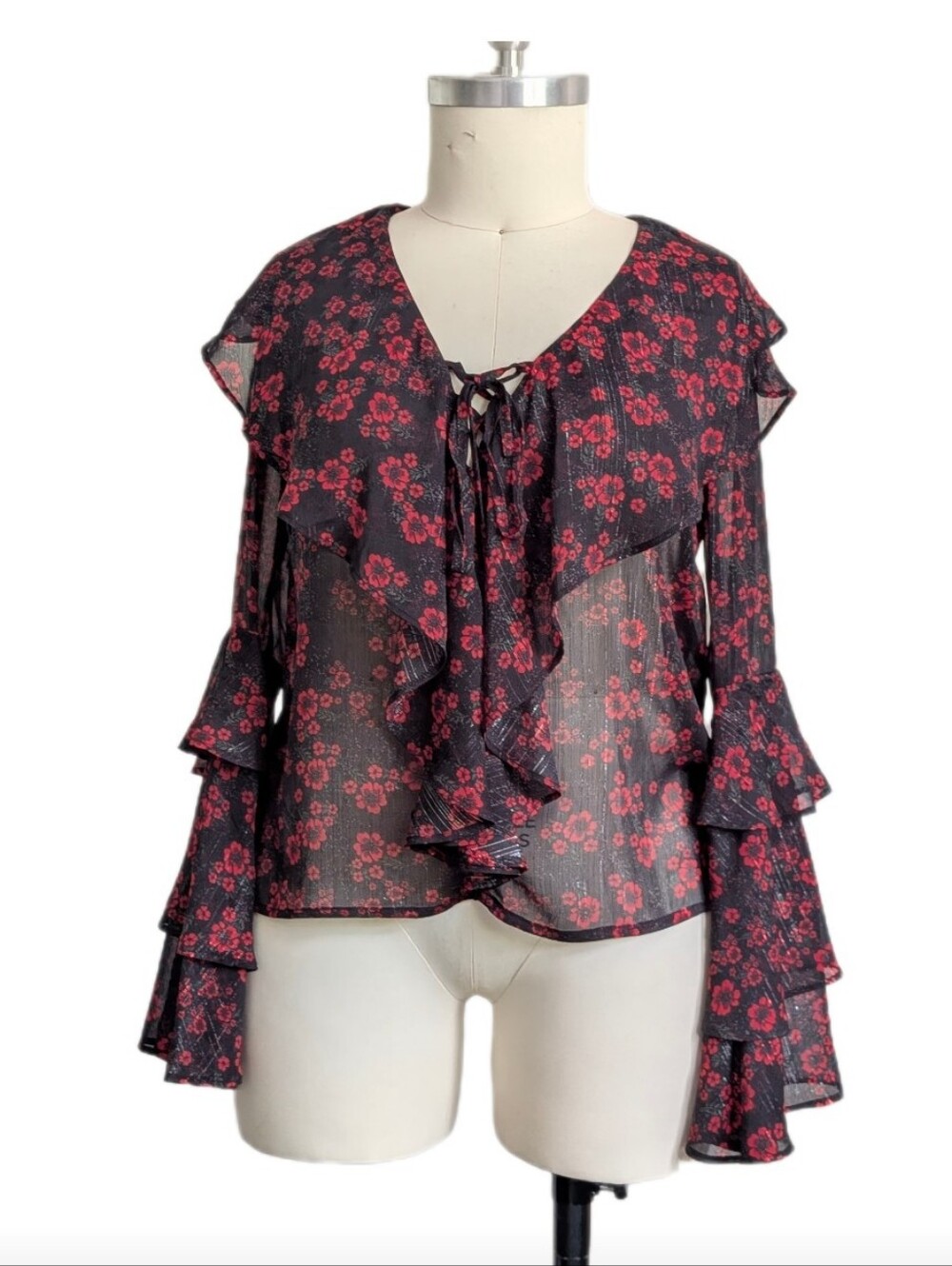 Endless Rose Black Sheer Blouse with Red Floral Ruffle Sleeves